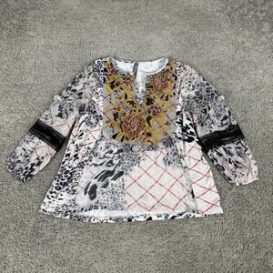 Anthropologie Shirt Womens XS Multicolor Embroidered Boho Tunic Top Animal Print